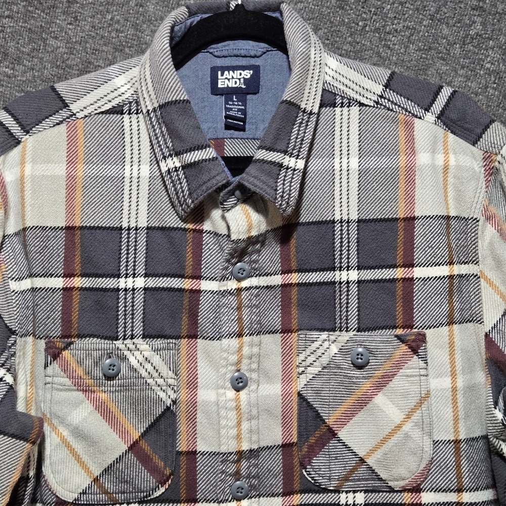 Lands' End Shirt Mens Large Traditional Fit Charcoal Plaid Flannel Shacket Heavy